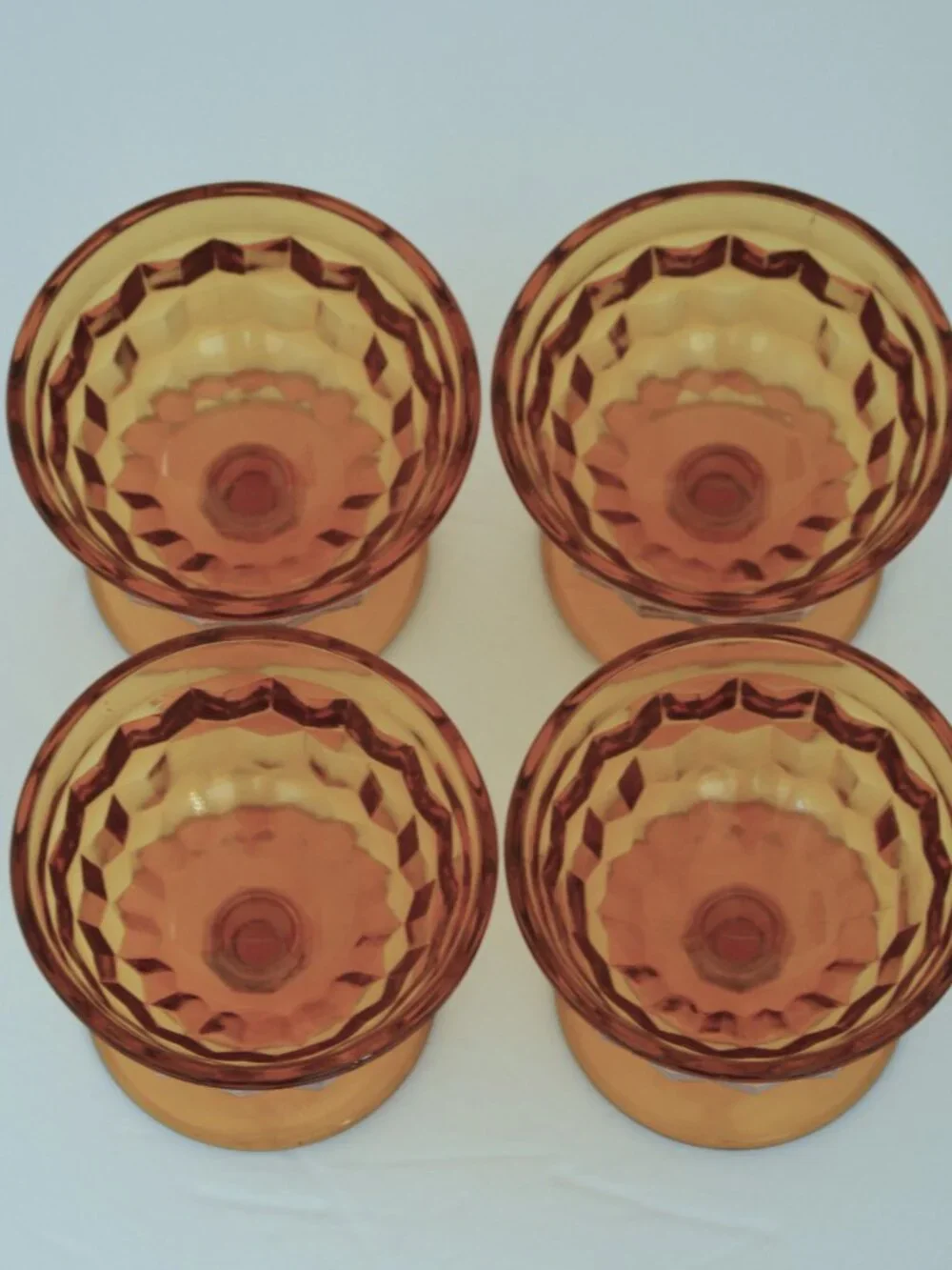 Vintage Whitehall Colony Cubist Amber Glass Pedestal Dessert Bowls